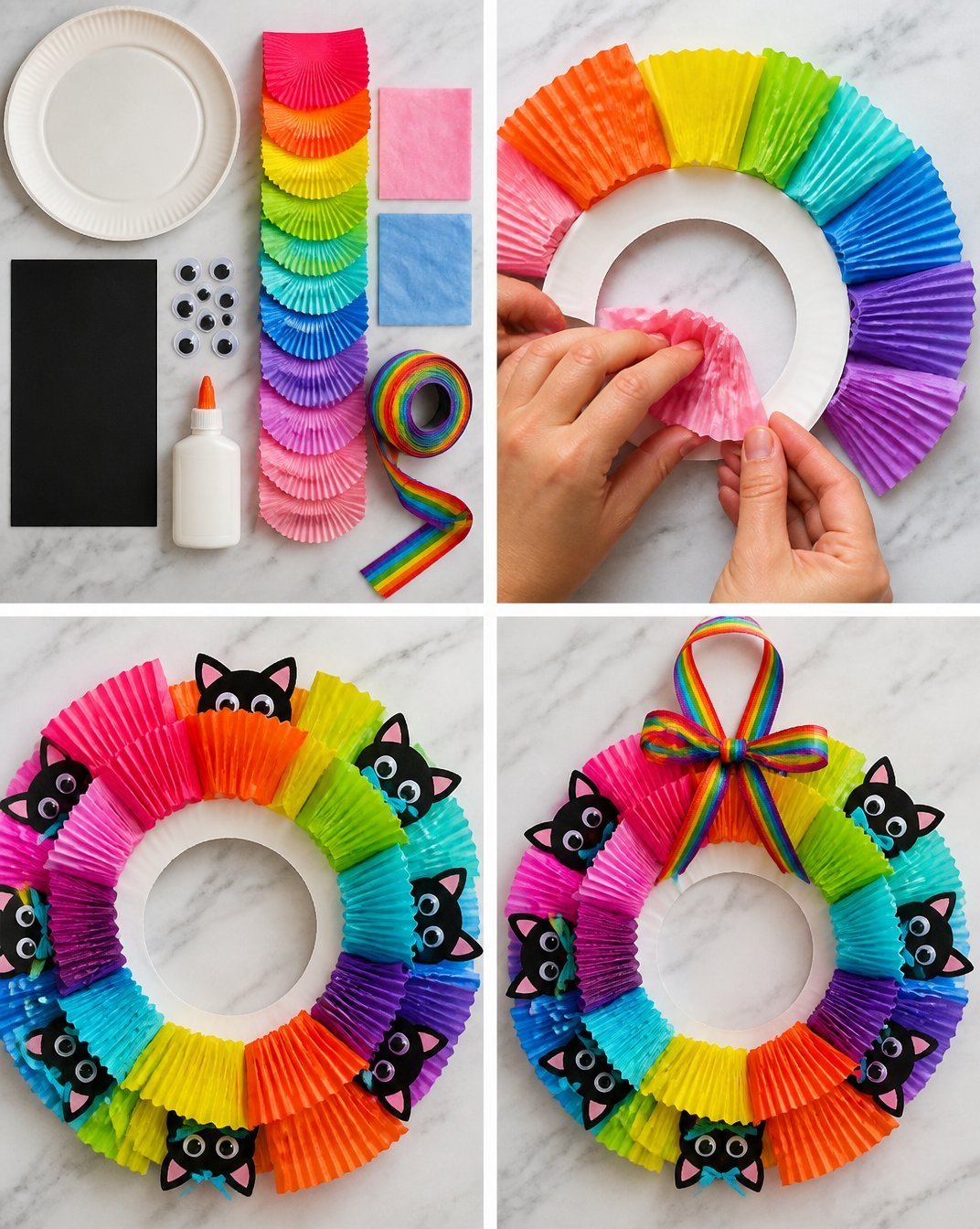 Rainbow Kitten Cupcake-Liner Wreath for Halloween Kids Craft