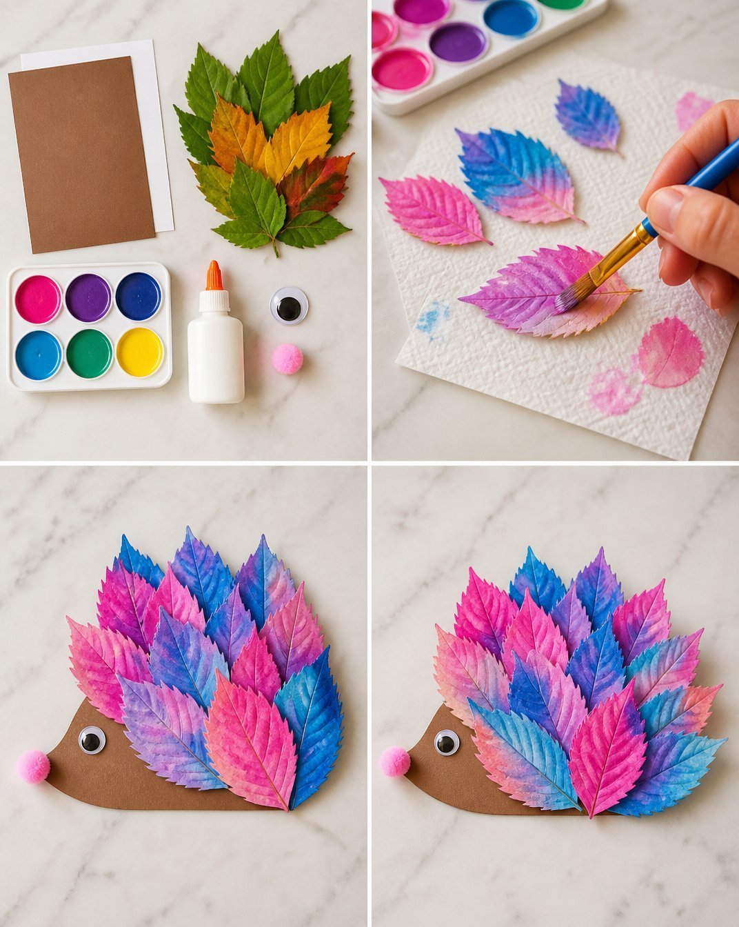 Rainbow Watercolor Leaf Hedgehog Craft for Kids