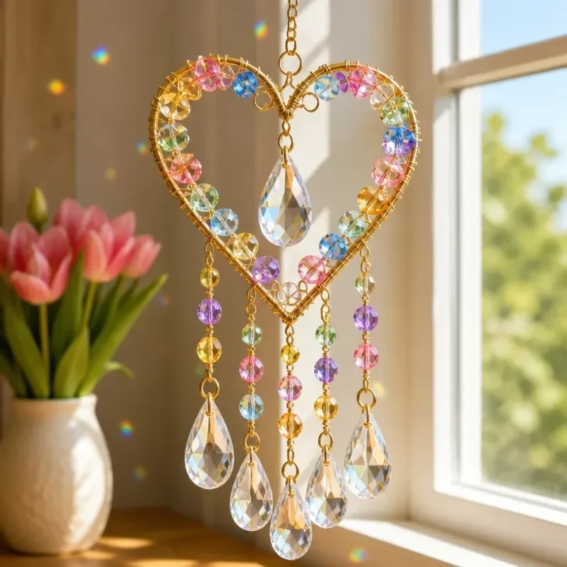 DIY beaded heart suncatcher catching sunlight with vibrant crystals