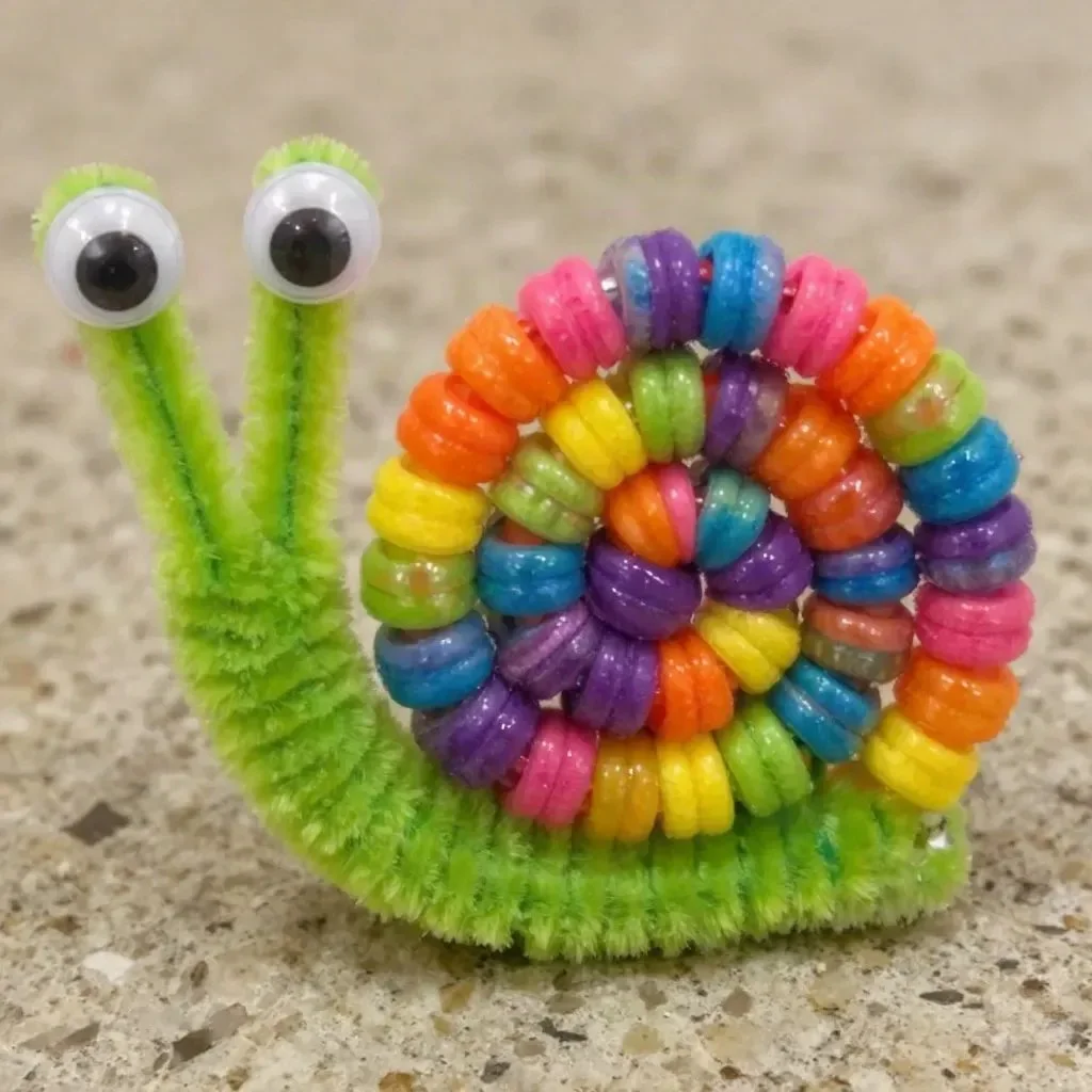 Colorful beaded pipe cleaner snail craft for kids