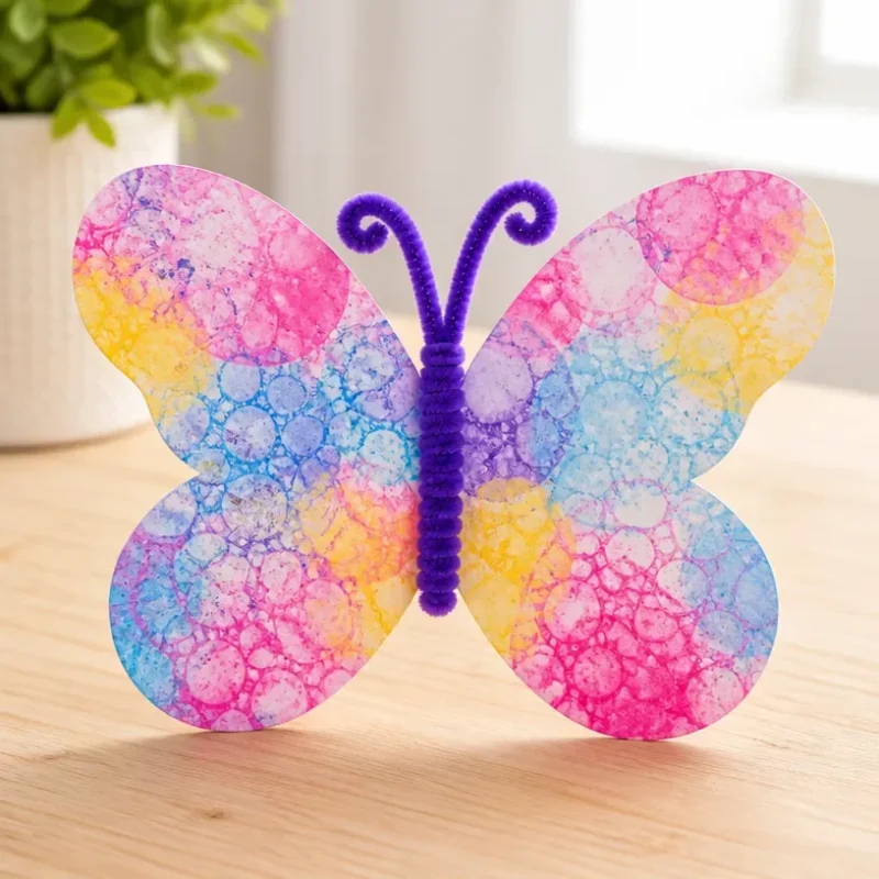 Kids crafting Bubble Print Butterfly Wings for a colorful art activity.