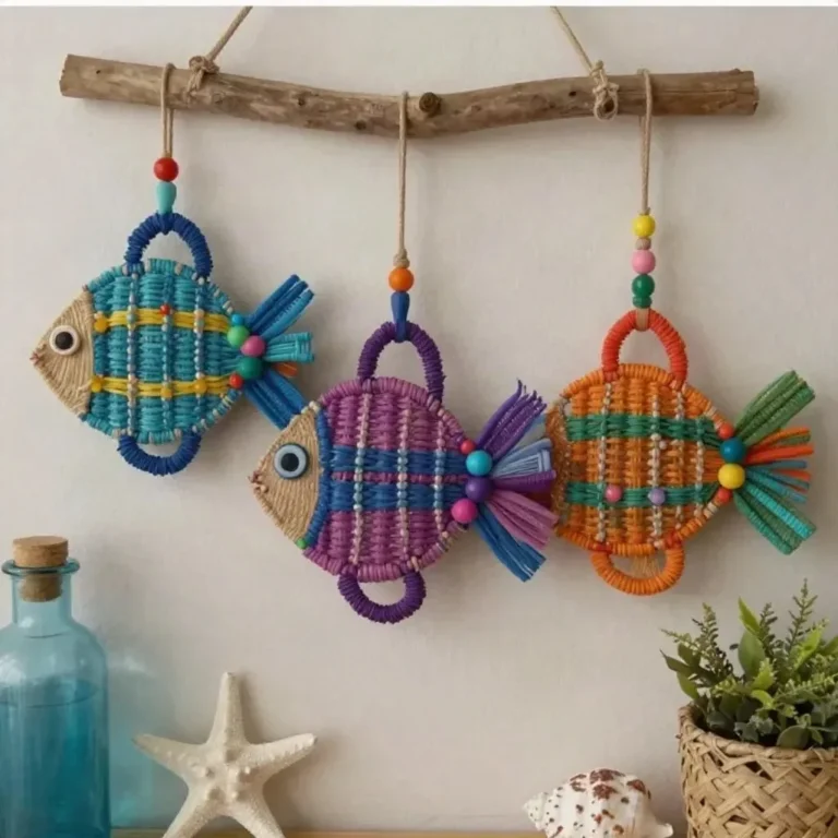 DIY cardboard and yarn fish decor for cheerful home decoration