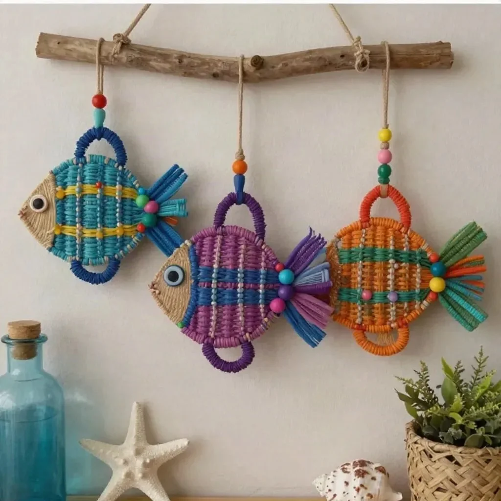 DIY cardboard and yarn fish decor for cheerful home decoration