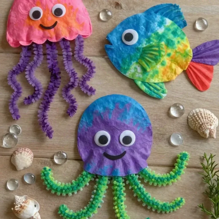 Colorful coffee filter sea creatures for kids' craft projects.