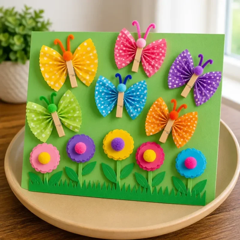 Colorful butterfly garden decorated with rainbow cupcake liners.