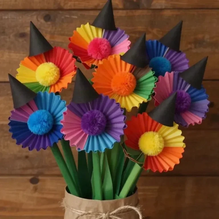 Colorful cupcake liner witch hat flowers tutorial for Halloween decorations