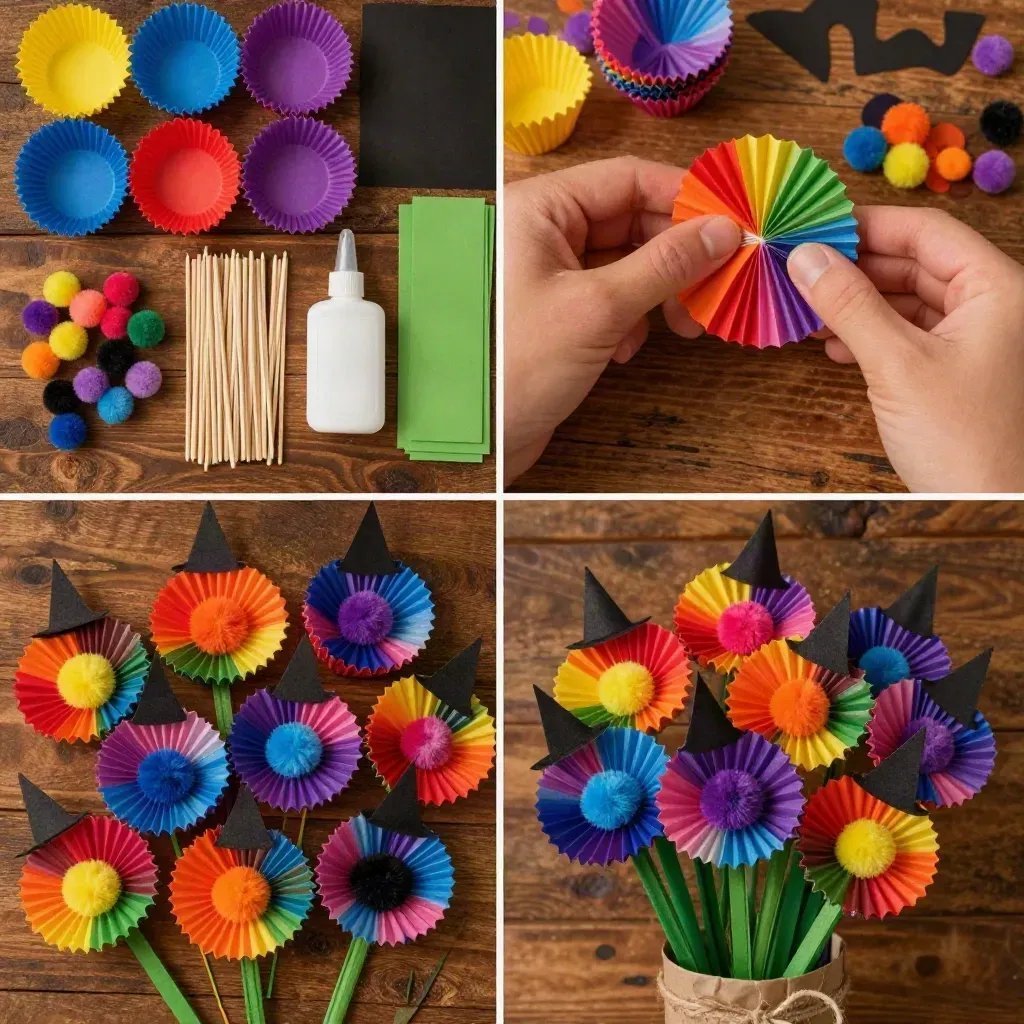 Colorful Cupcake Liner Witch Hat Flowers Tutorial