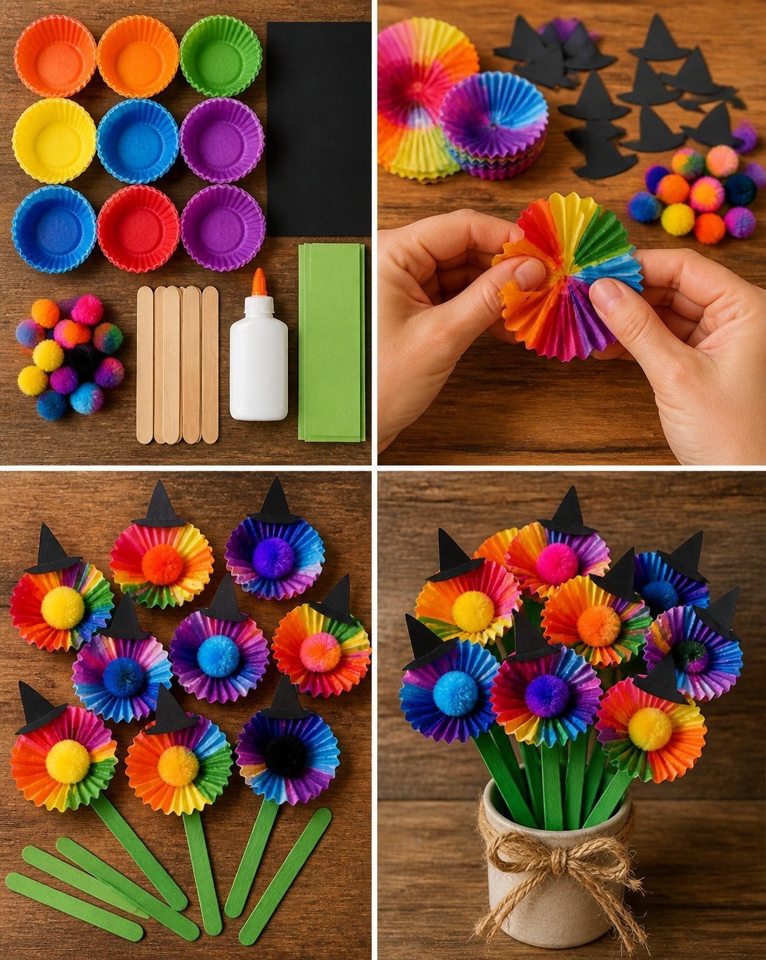Colorful Cupcake Liner Witch Hat Flowers Tutorial