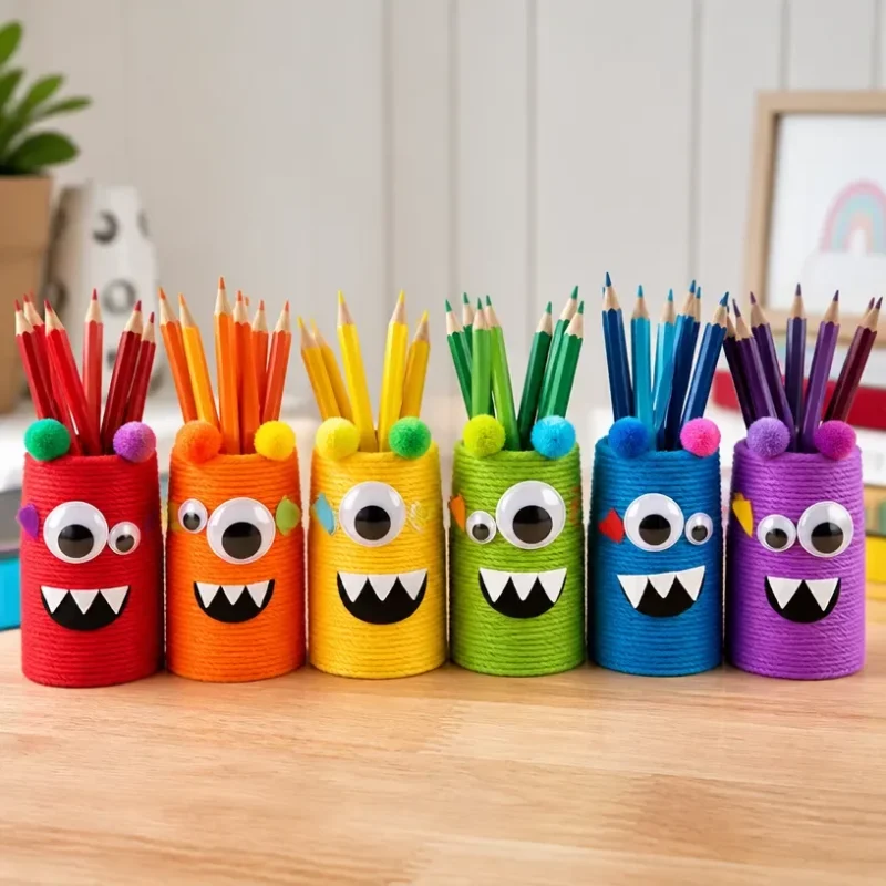 Colorful monster pencil holders for kids' desks with fun designs.