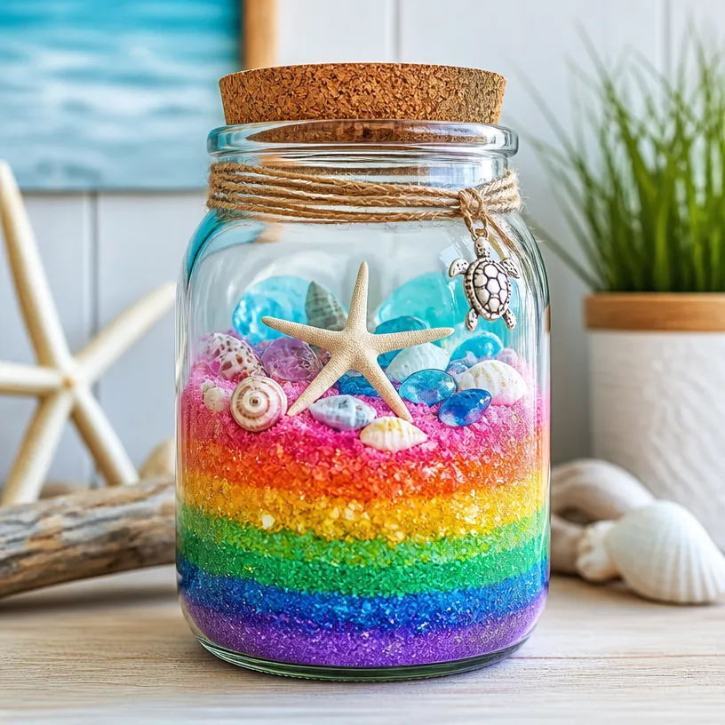 Colorful Ocean Jar Decor - Rainbow Glass Jar for Coastal Homes