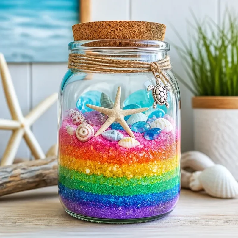 Colorful rainbow glass ocean jar decor for coastal home interior design