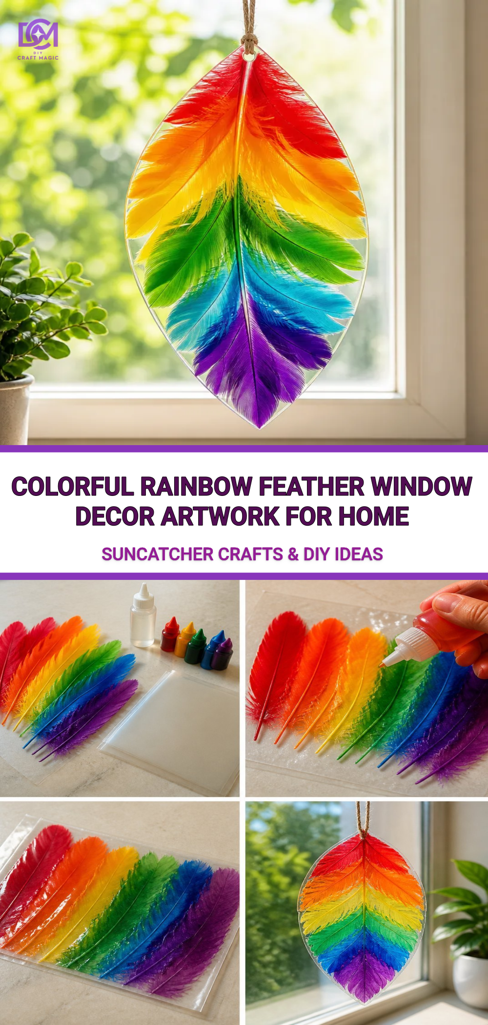 Colorful Rainbow Feather Window Decor Artwork for Home