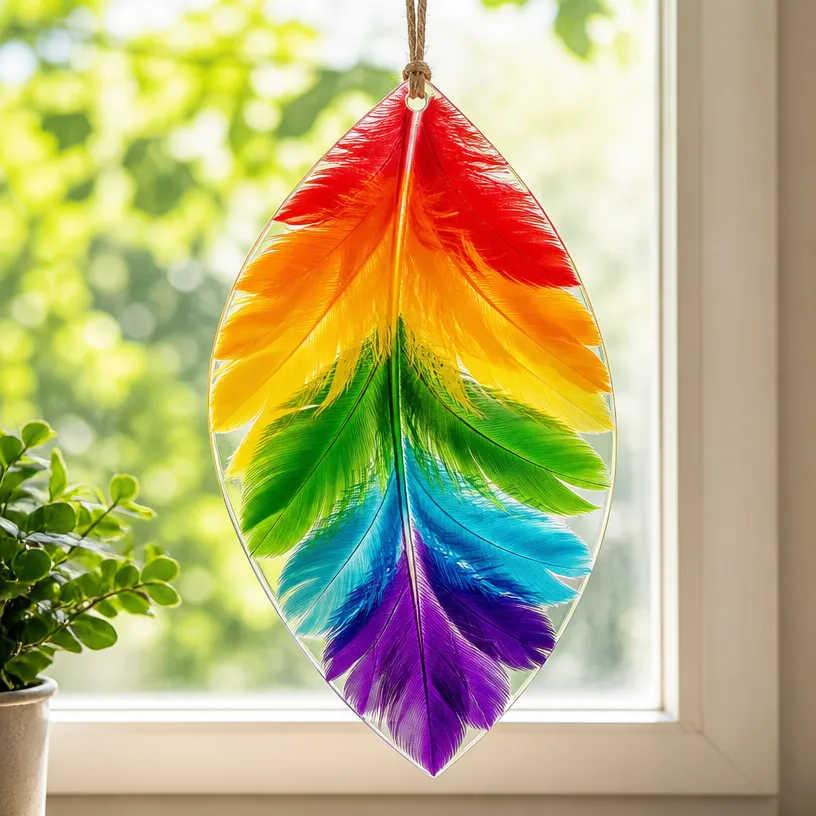Colorful Rainbow Feather Window Decor Artwork for Home