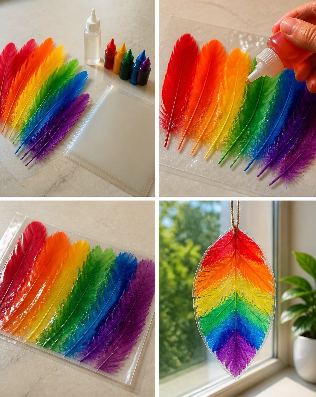 Colorful Rainbow Feather Window Decor Artwork for Home