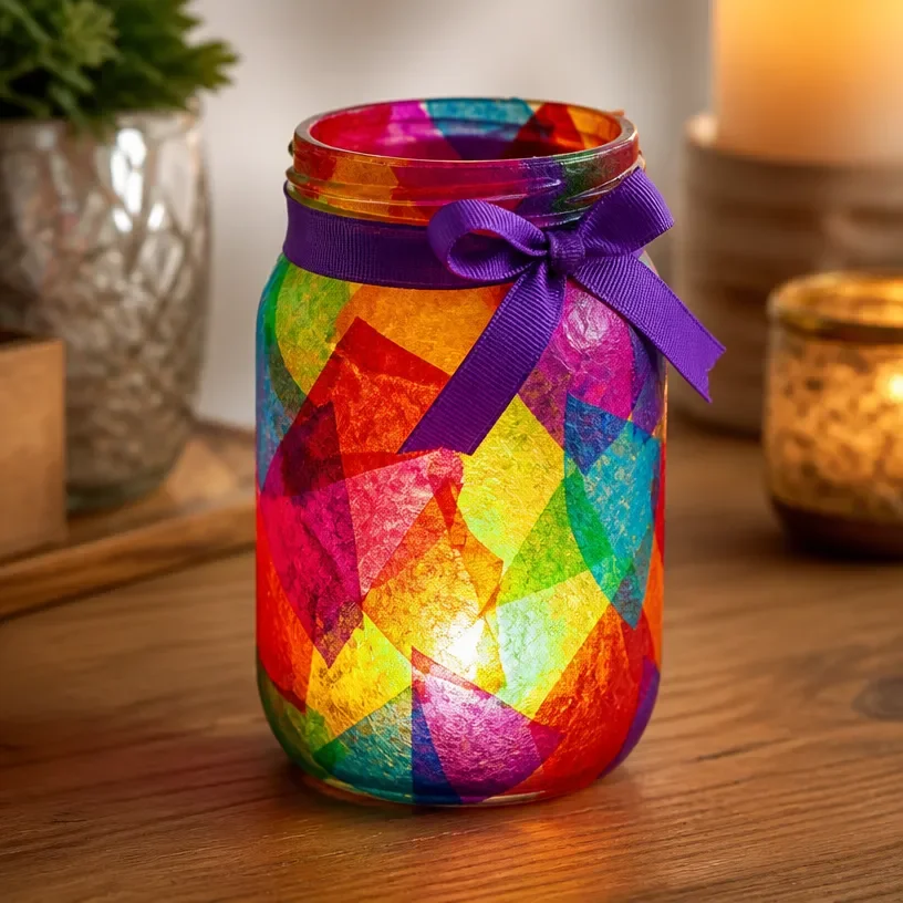 Colorful rainbow stained-glass lantern designed for candles.