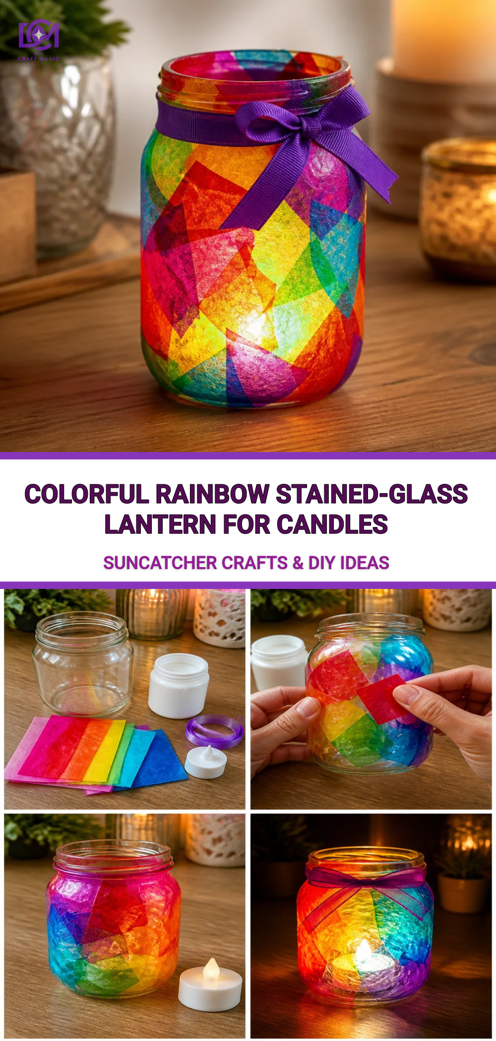 Colorful Rainbow Stained-Glass Lantern for Candles
