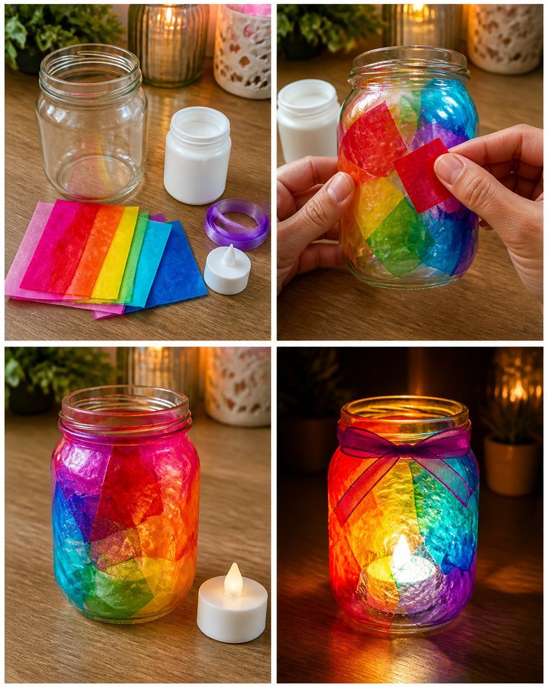 Colorful Rainbow Stained-Glass Lantern for Candles