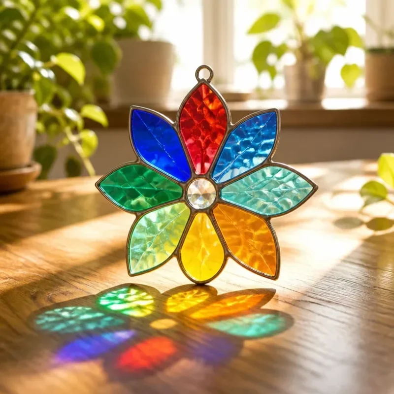 Colorful rainbow window suncatcher reflecting sunlight and colors