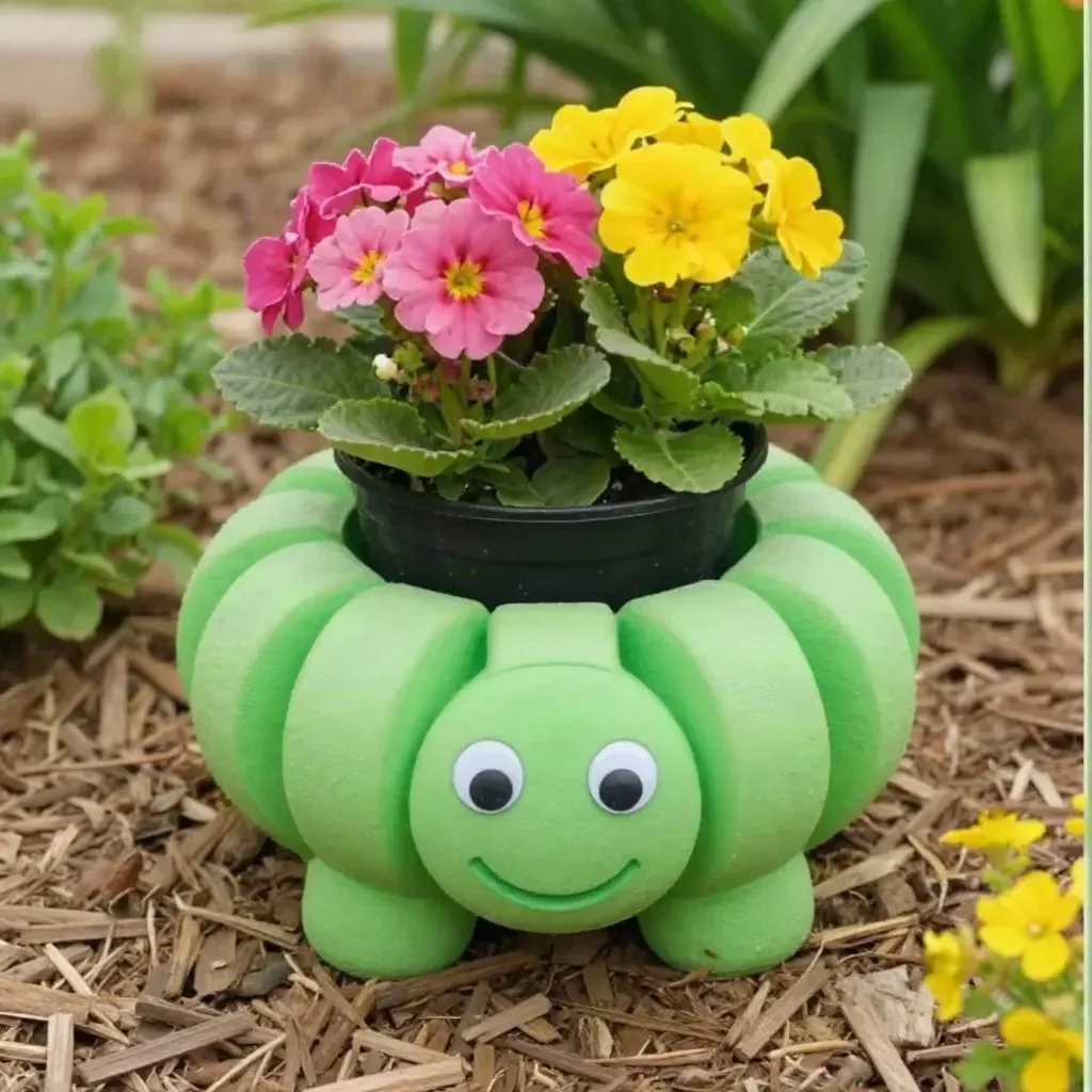 Charming turtle planter made from pool noodles in a garden setting