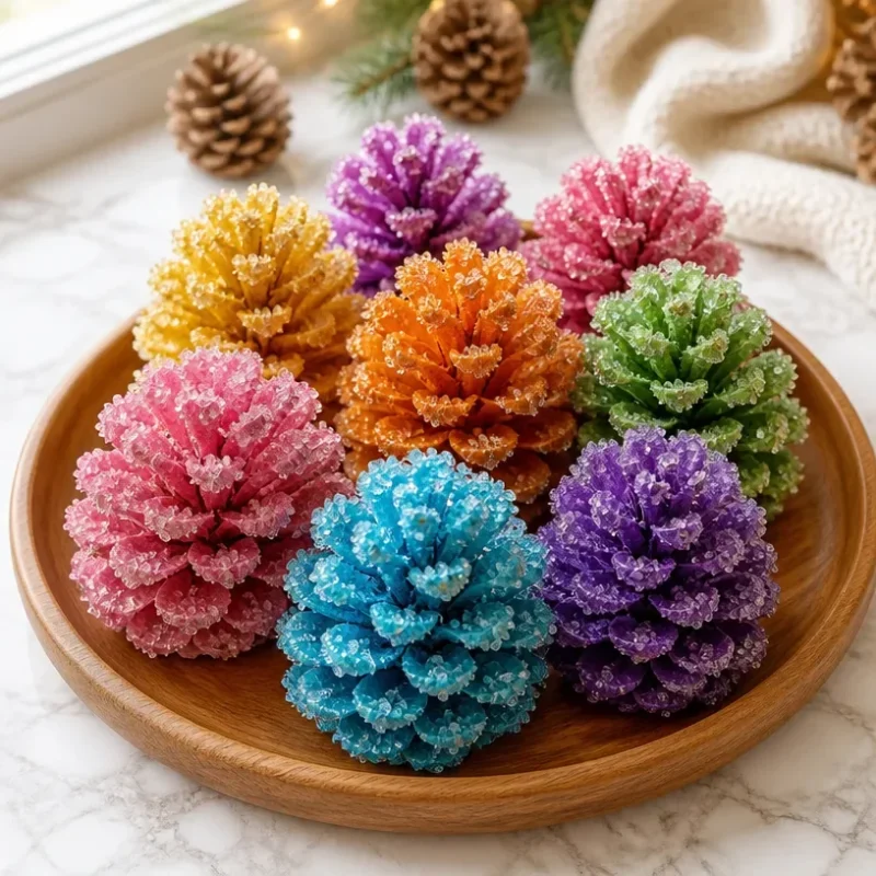 Crystal pinecones shimmering with colors like frozen rainbows in winter decor.