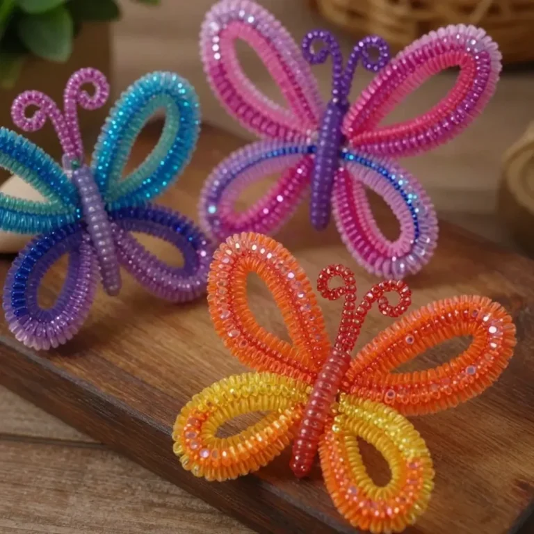 Colorful crystal pipe cleaner butterflies made in a DIY project