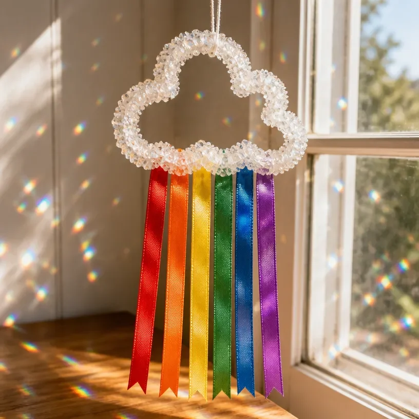 A vibrant crystal rainbow in the clouds showcasing prismatic sky phenomena.