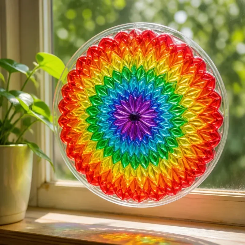 Colorful rainbow mandala window decor DIY project for home aesthetics.