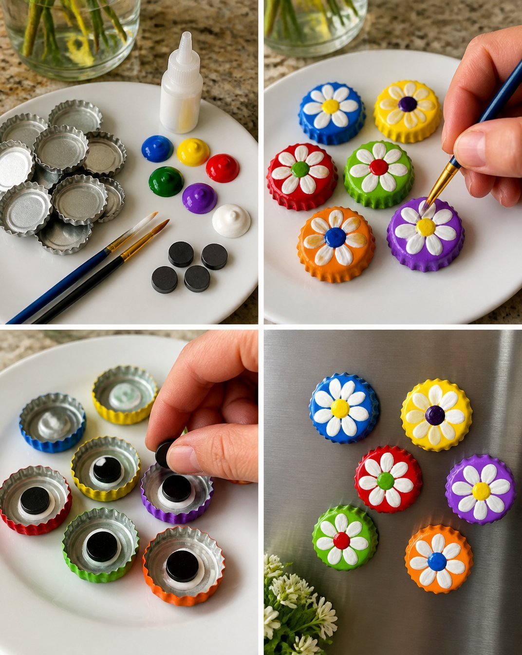 DIY Flower Magnets From Recycled Bottle Caps