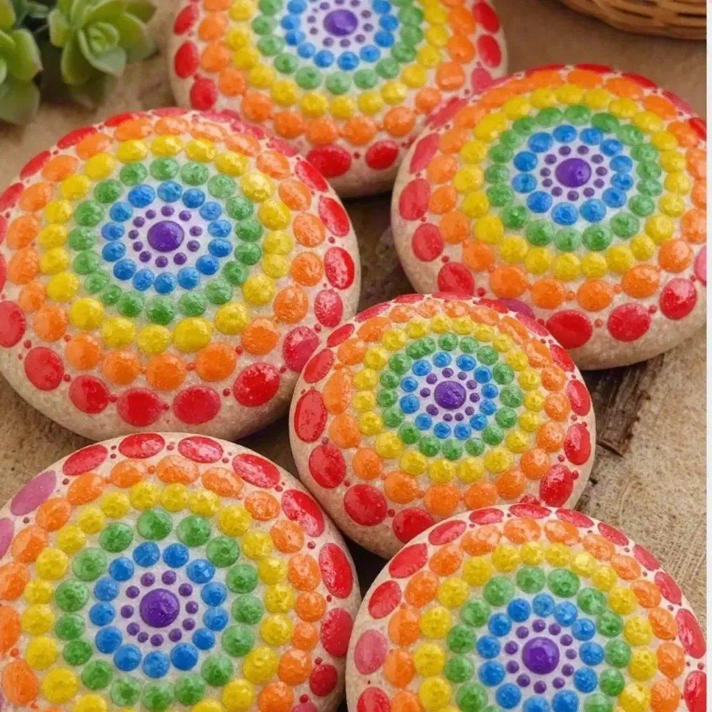 Colorful DIY Rainbow Mandala Stones for vibrant home decor.