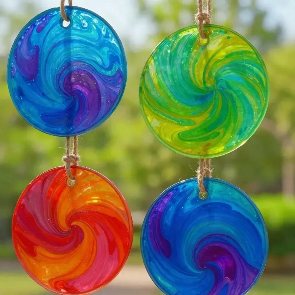 Colorful DIY swirl glue suncatchers hanging in a window for vibrant decor.