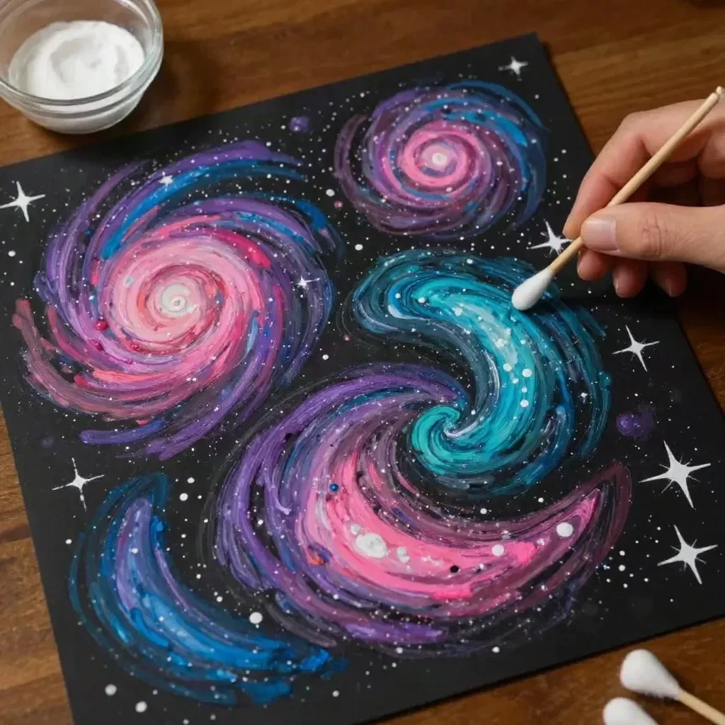 Colorful kids' puffy paint galaxy art displayed on canvas.