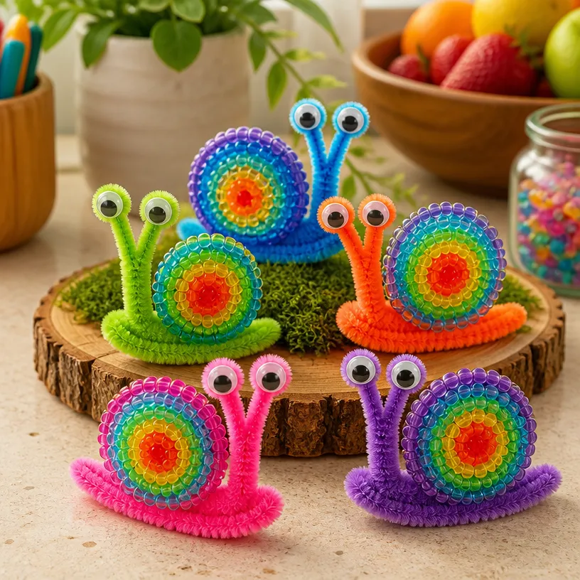 Easy Rainbow Beaded Pipe Cleaner Snails Tutorial