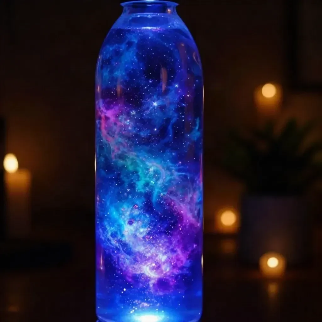 Glow-in-the-Dark Nebula Bottle illuminating a room with celestial colors