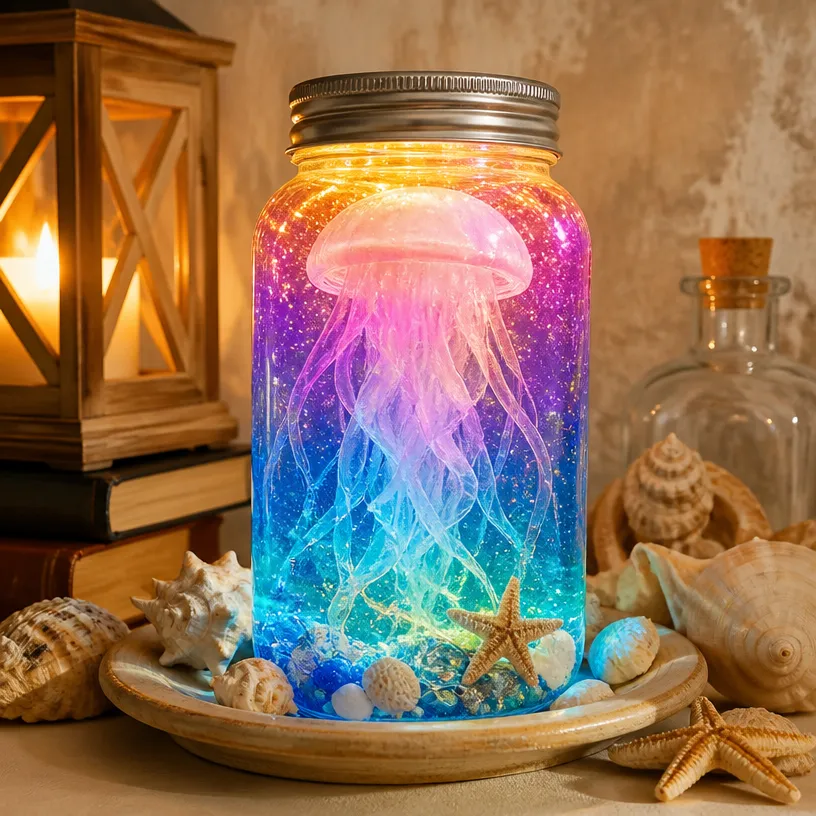 Glowing Rainbow Ocean Jellyfish Jar Light