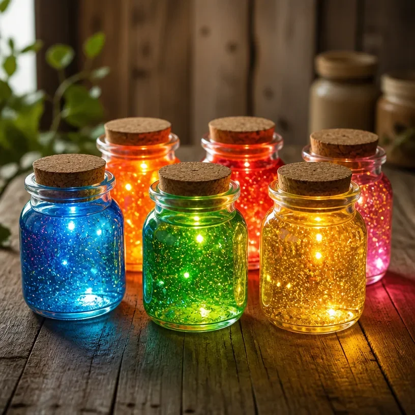Glowing rainbow potion bottles filled with colorful magical elixirs.