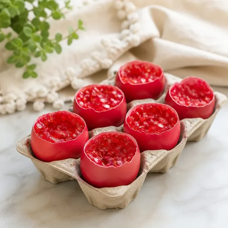 Crystal geodes growing in red eggshells, showcasing vibrant colors and textures.