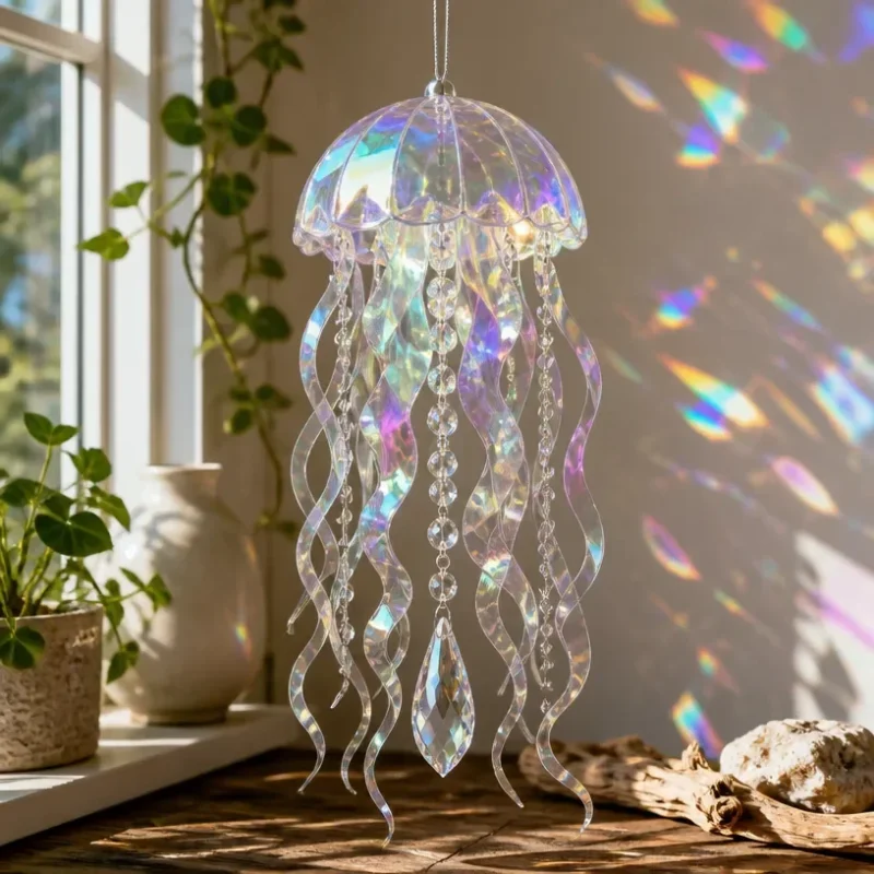 Holographic jellyfish crystal light ornament glowing beautifully
