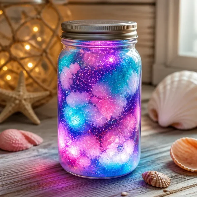 Magic Summer Galaxy Jar featuring rainbow glitter swirls for enchanting decor