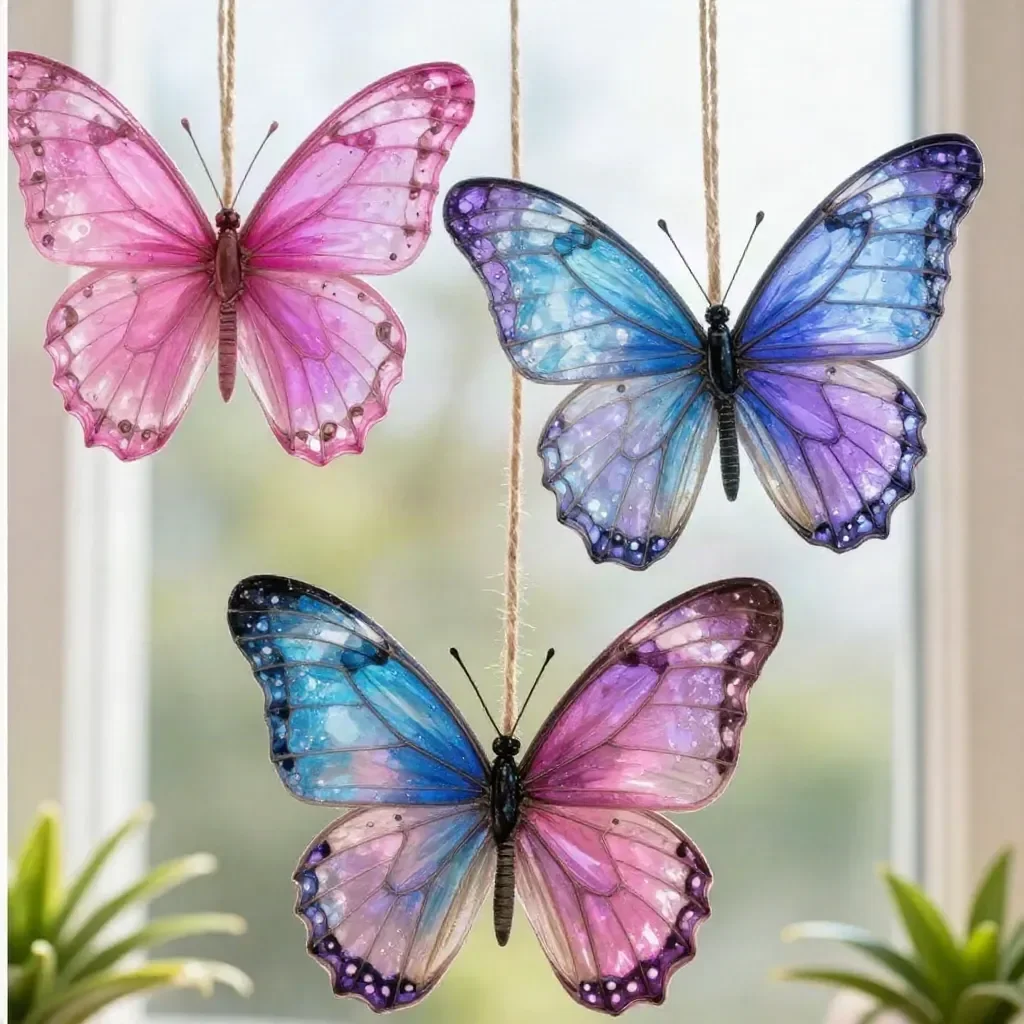 Colorful marbled glue butterfly suncatchers hanging in a sunny window.