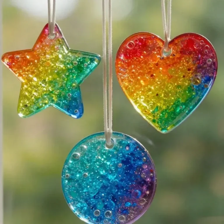 DIY melted rainbow suncatchers hanging in a window, creating vibrant sunlight patterns.