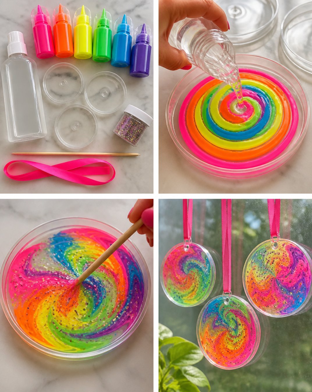 Neon Spiral Glue Suncatchers