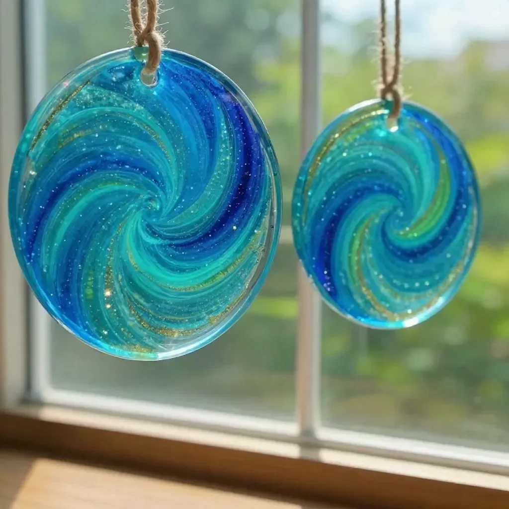DIY Ocean Swirl glue suncatchers for vibrant rainbow home decor.