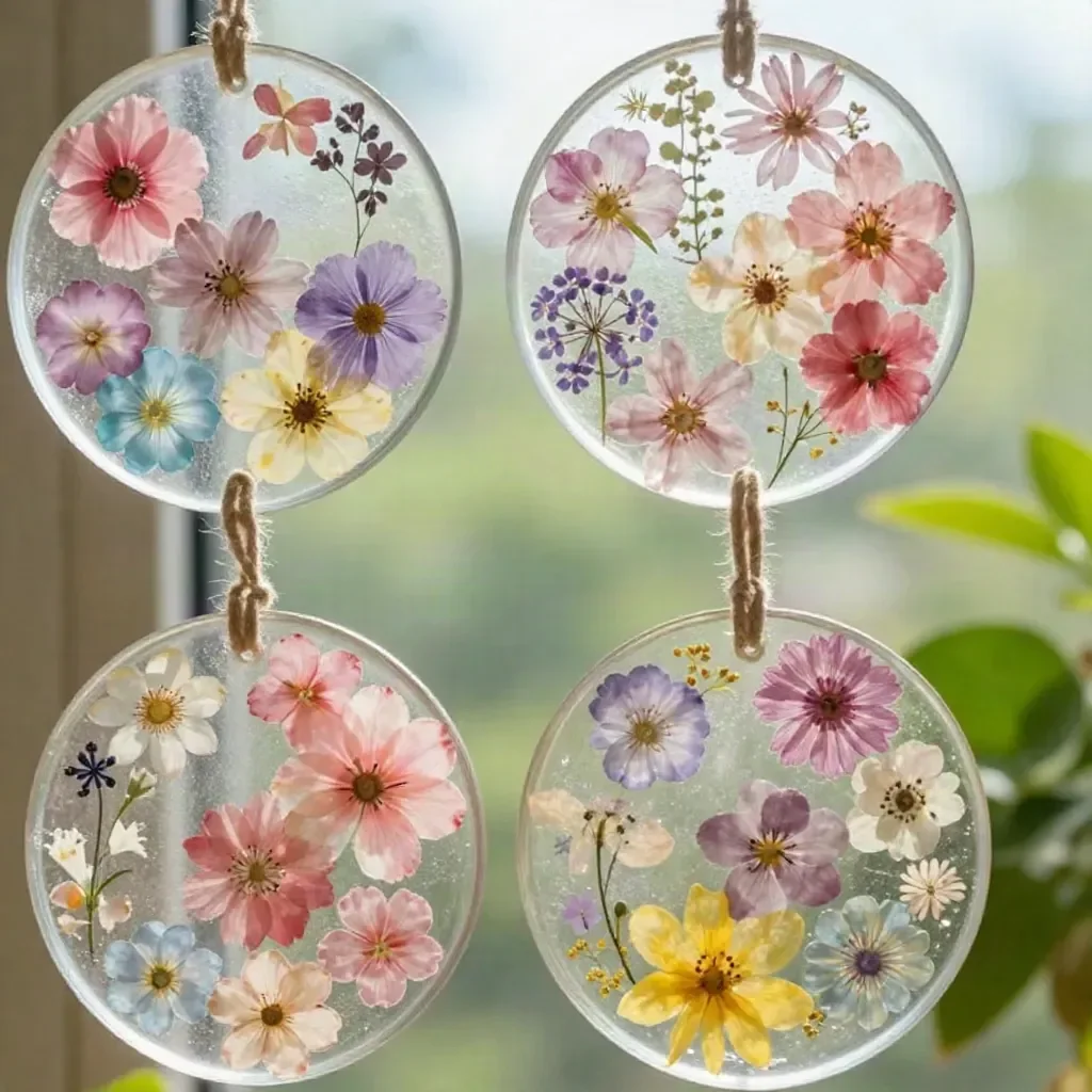 Pastel flower glue suncatchers hanging in a window, creating colorful reflections