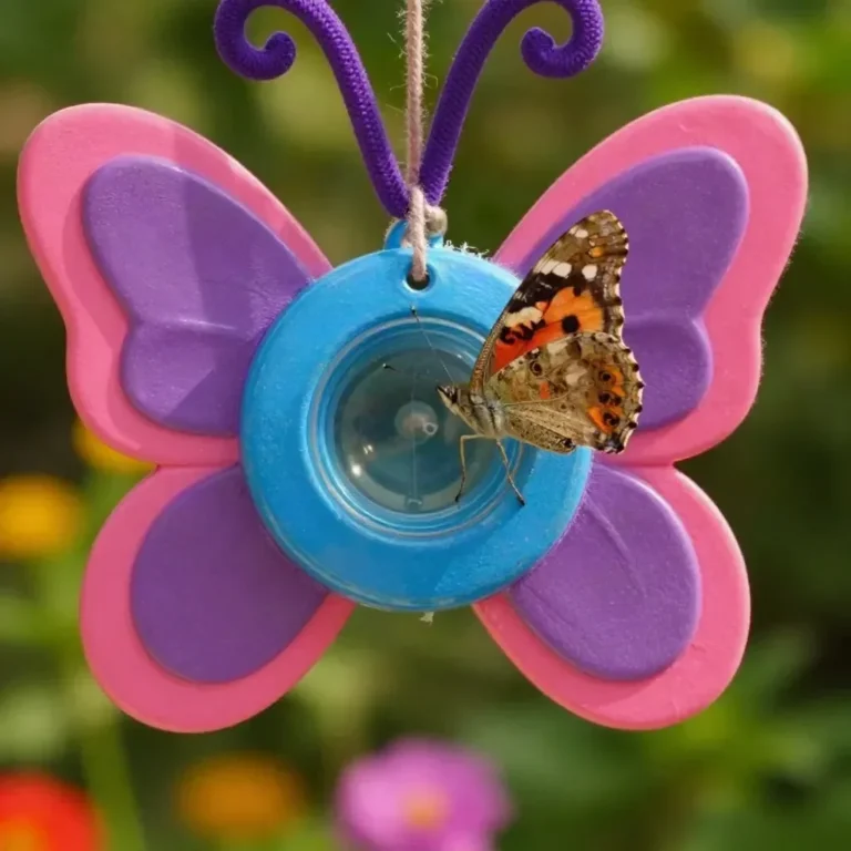DIY pool noodle butterfly feeder in a garden