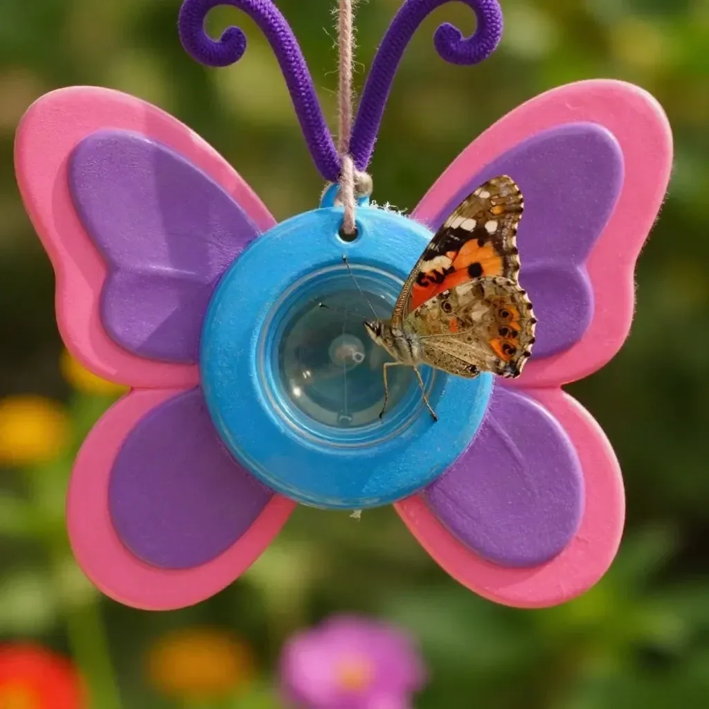 DIY pool noodle butterfly feeder in a garden