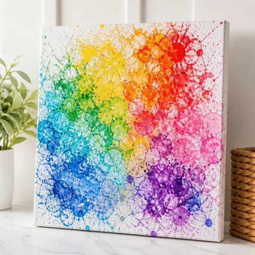 Vibrant rainbow bubble canvas art with a colorful splash effect.
