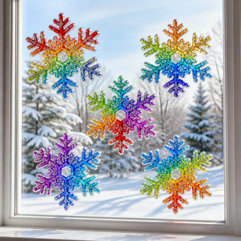 Rainbow-Colored Snowflake Window Clings for Winter Decor