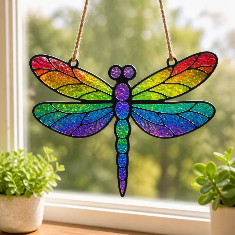 Rainbow Crystal Dragonfly Window Art