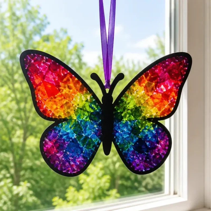 DIY rainbow melted crayon butterfly suncatcher craft for kids