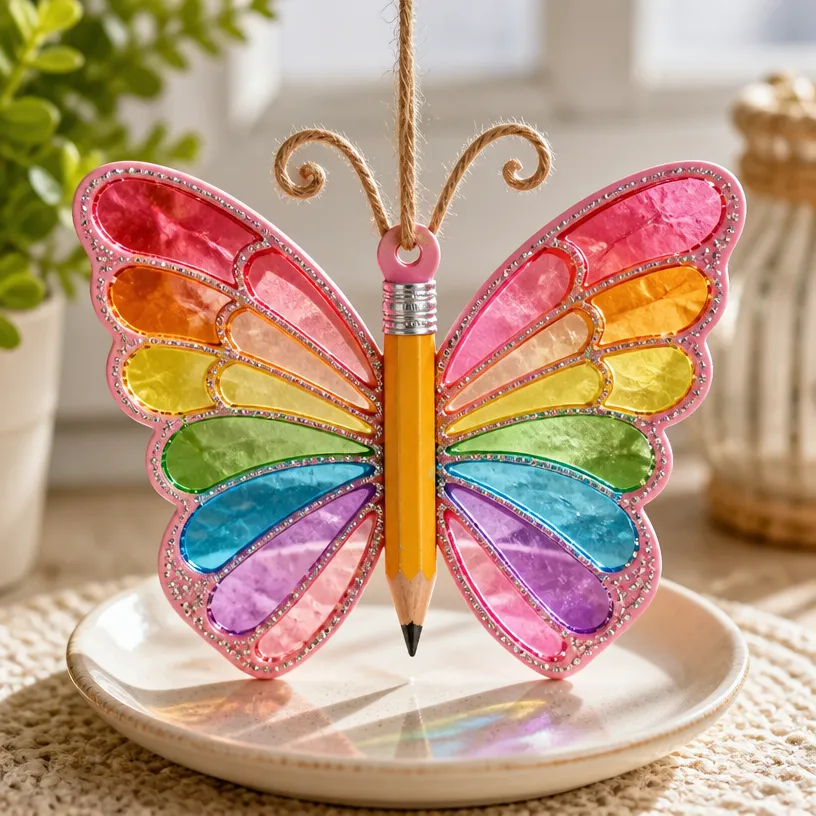 Rainbow Pencil Butterfly Suncatcher for First Day Gift